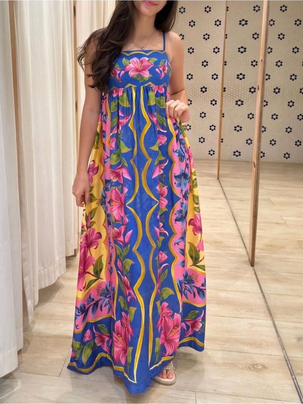 FARM Rio Blue Maxi Dress with Pink Floral Print Size M